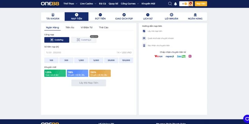 Nạp tiền one88 qua ngân hàng